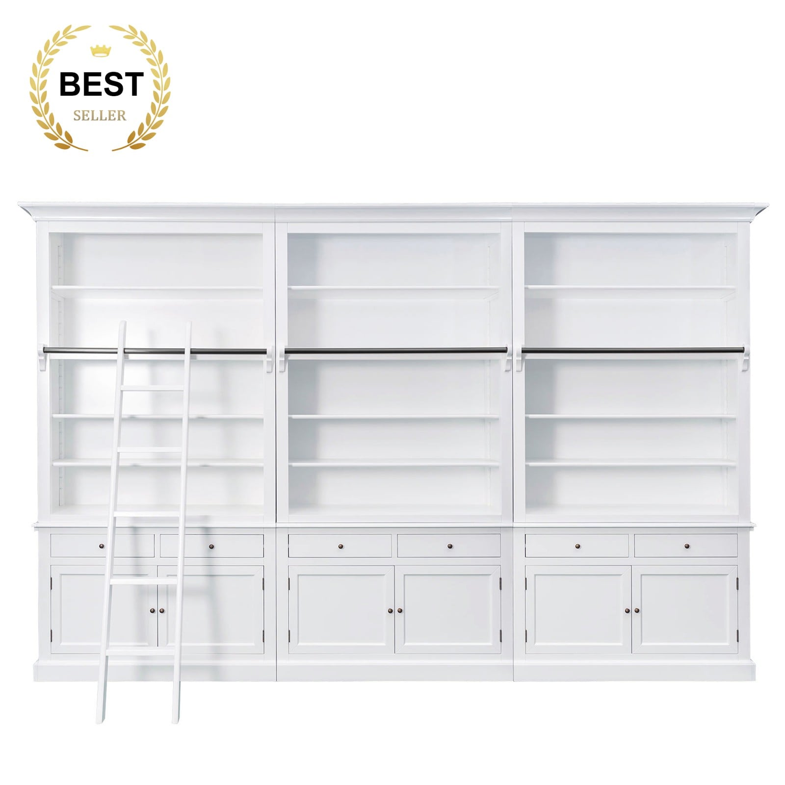 Shop Large Hamptons Bookcase with Ladder 4 Bay White Library Shelf ...