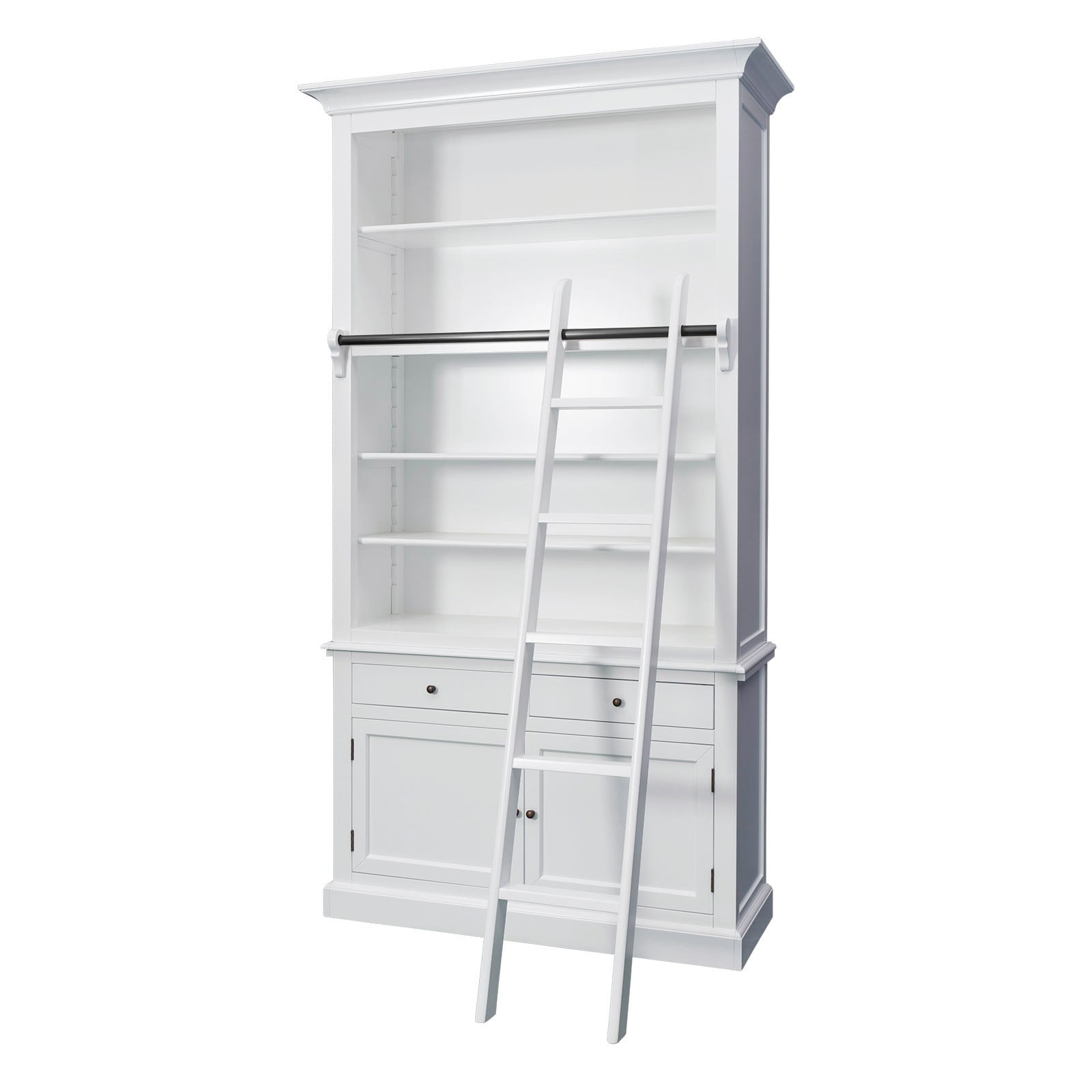 Shop Large Hamptons Bookcase with Ladder 4 Bay White Library Shelf ...