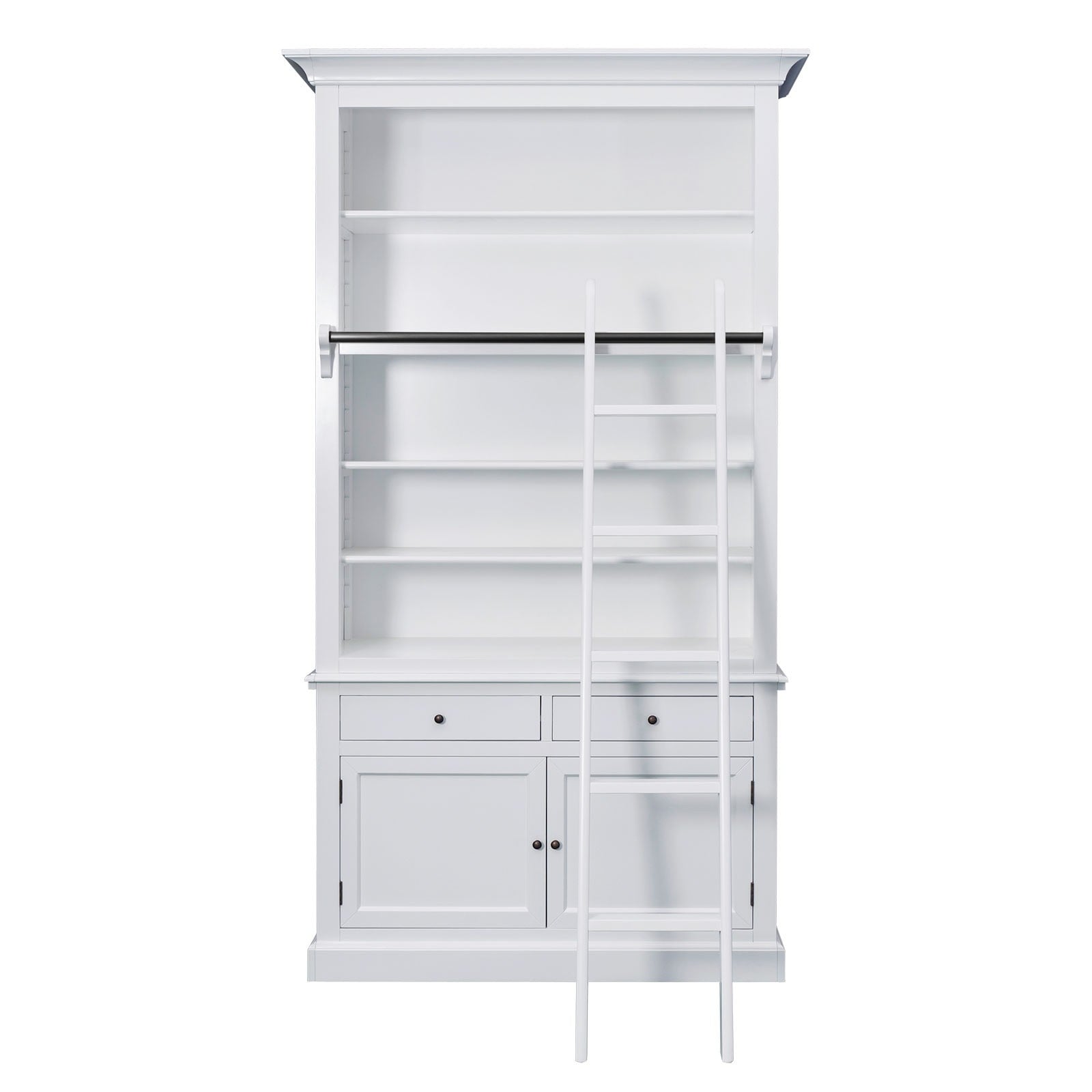 Shop Large Hamptons Bookcase with Ladder 4 Bay White Library Shelf ...
