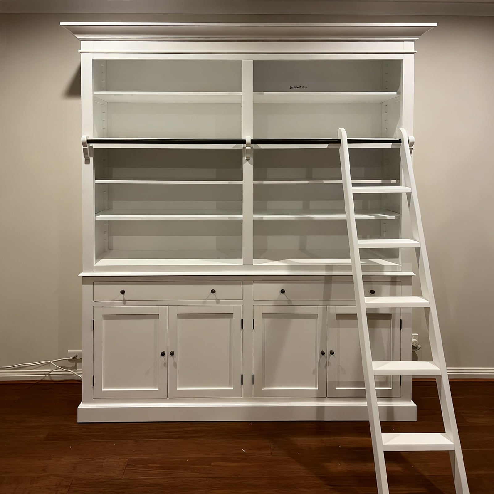 Shop Large Hamptons Bookcase with Ladder 4 Bay White Library Shelf ...