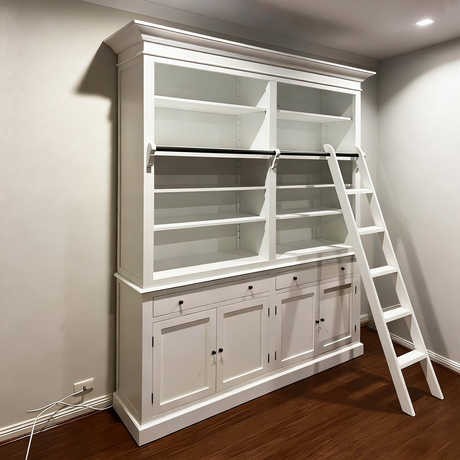 Shop Large Hamptons Bookcase with Ladder 4 Bay White Library Shelf ...