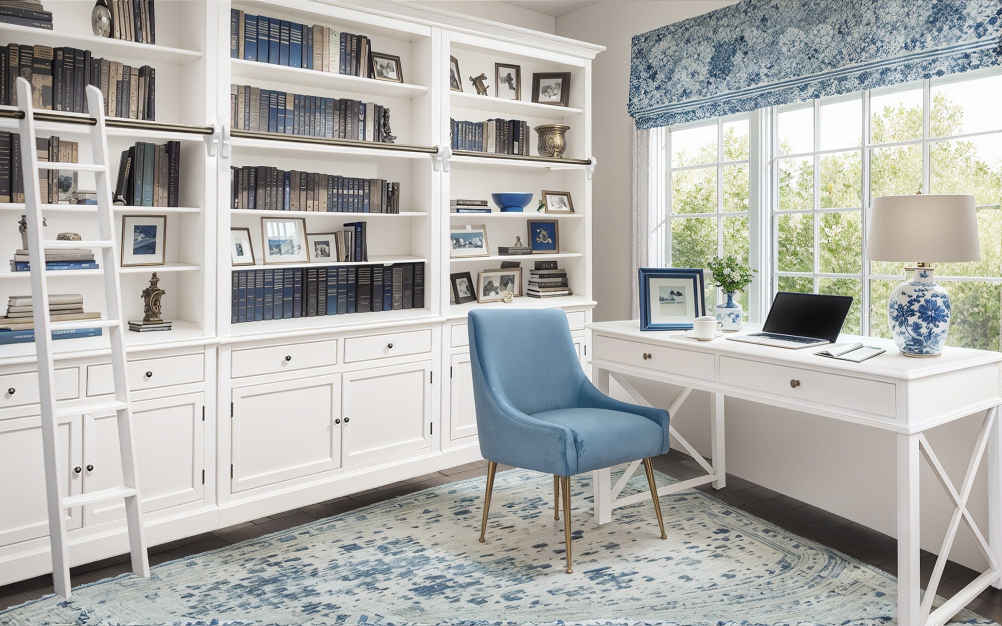 Shop Large Hamptons Bookcase with Ladder 4 Bay White Library Shelf ...