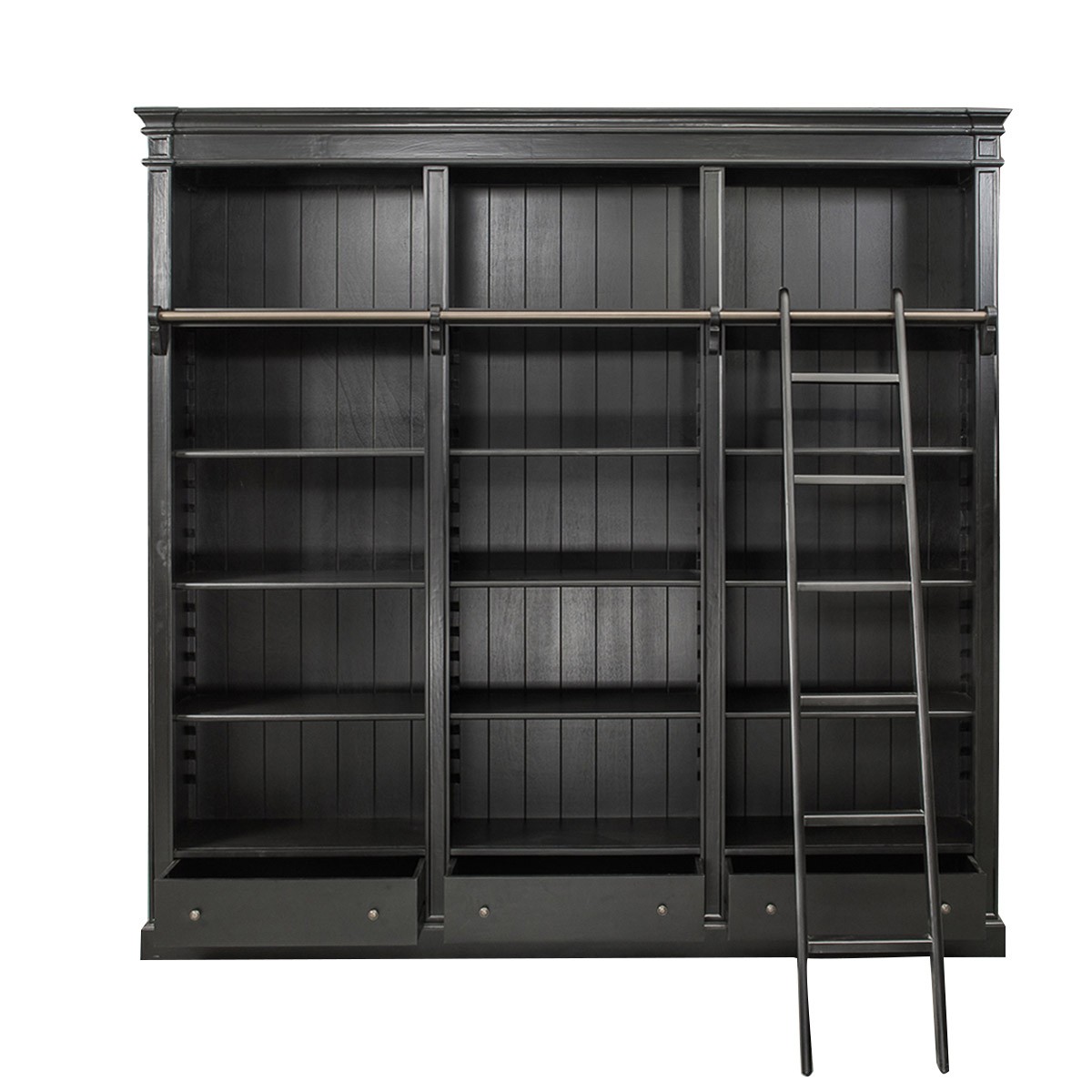 French Provincial Hamptons Open Library Bookcase With Ladder Black