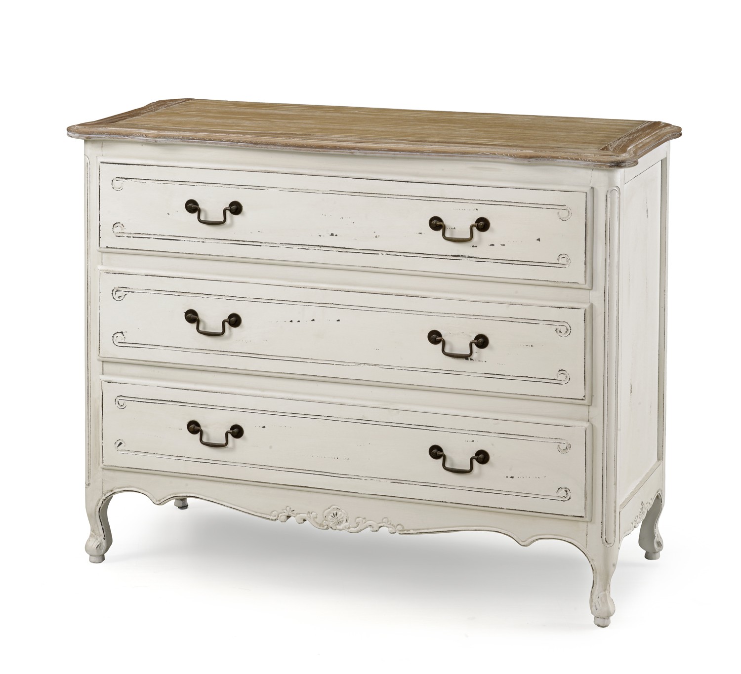 French Provincial Furniture White 3 Drawers Chest With Oak Top
